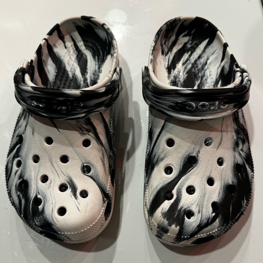 Crocs. Black and white marble. Lightly worn, great condition.